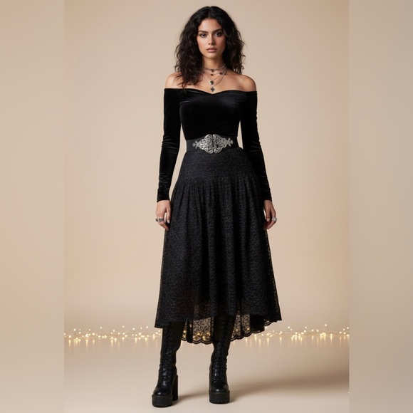 Gothic Romantic Lace Midi Shimmer Drop Waist Flowy Skirt Holiday Glam - Picture 12 of 12